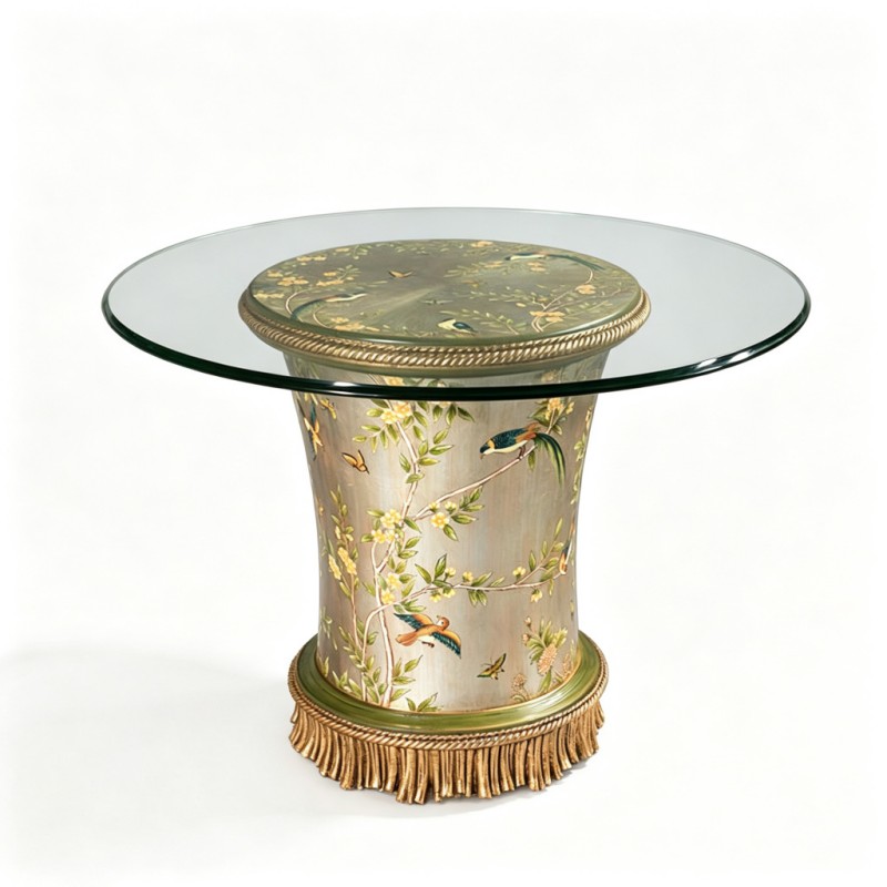 French Vintage Round Glass-Top Bird-Flower Hand-Painted Decorative Table