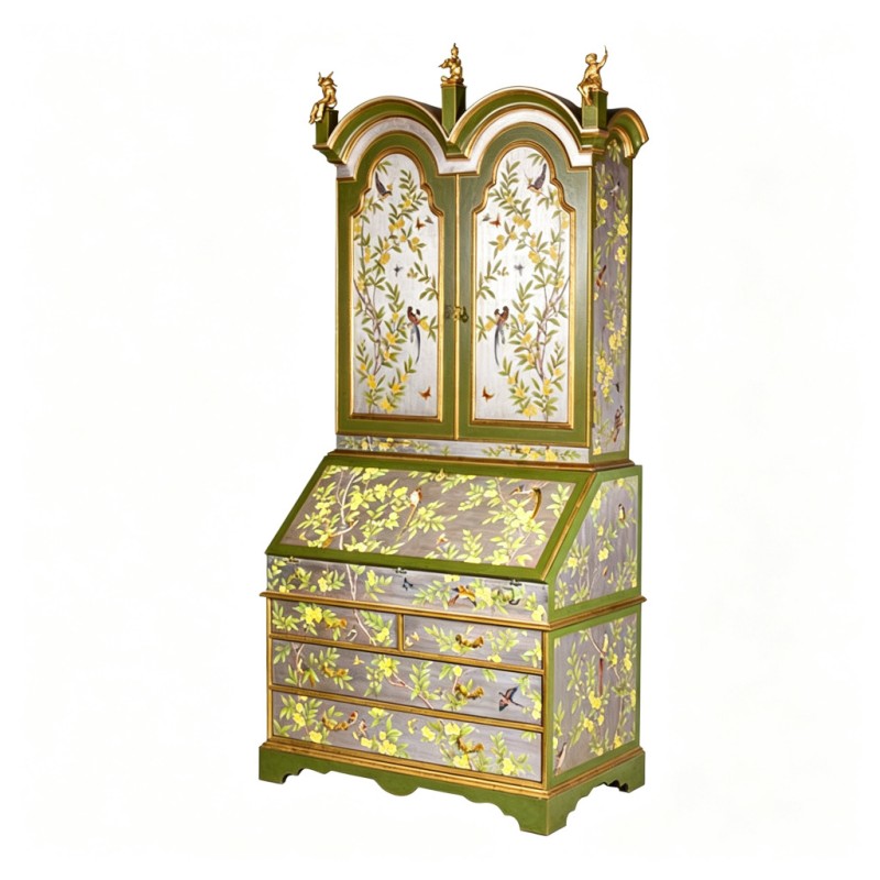 French Green-Framed Bird-Flower Hand-Painted Writing Cabinet