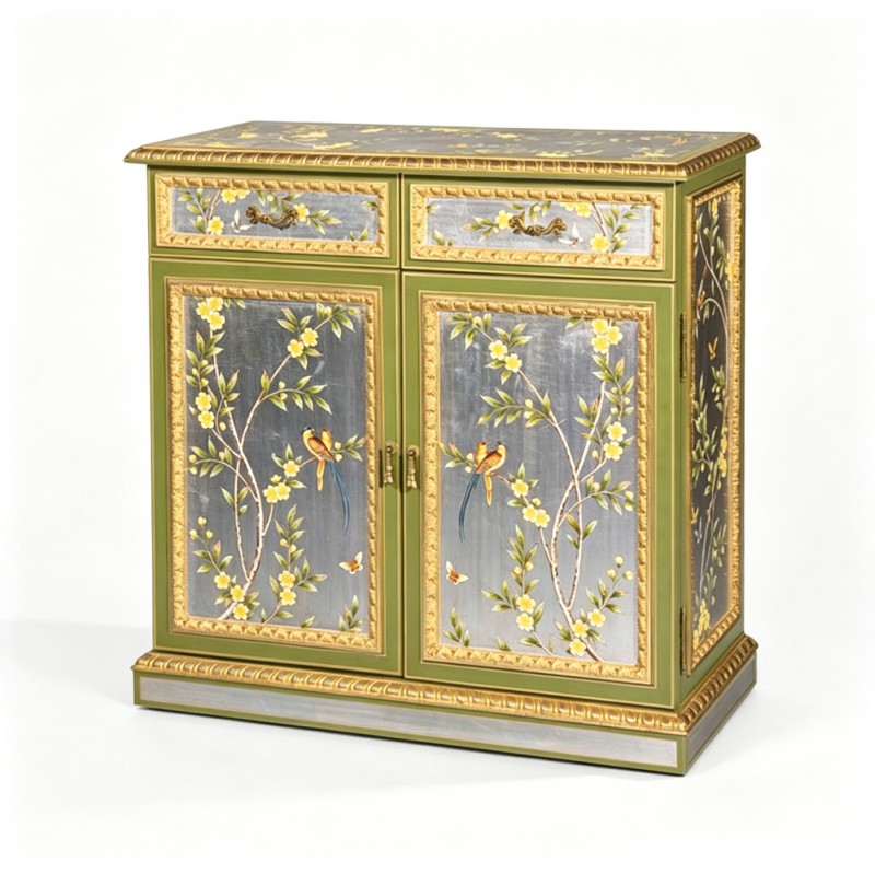 Chinese-Style Bird-Flower Hand-Painted Storage Cabinet