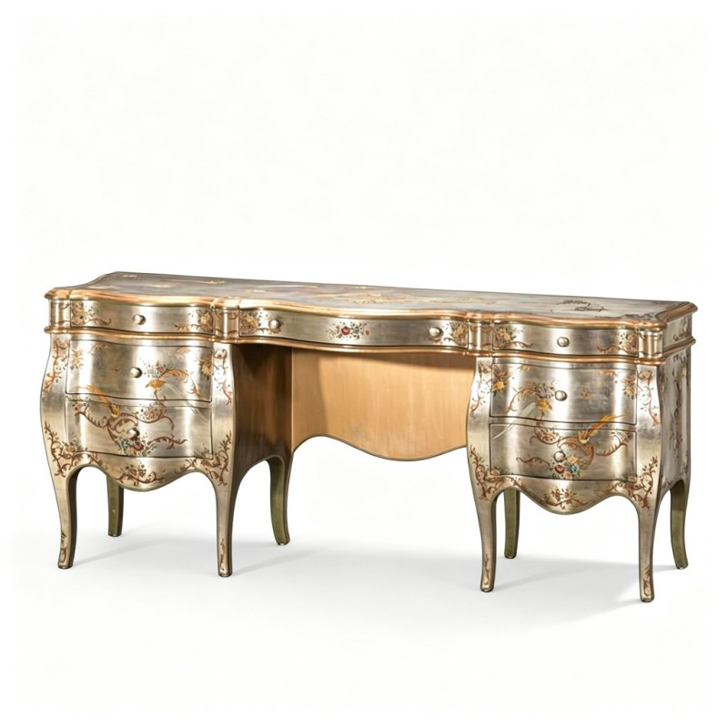 French Classical Silver-Foil Bird-Flower Hand-Painted Writing Desk