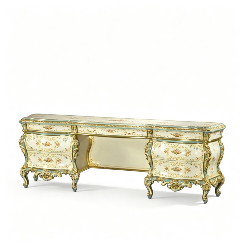 French Classical Cream Gilded Multi-Drawer Writing Desk