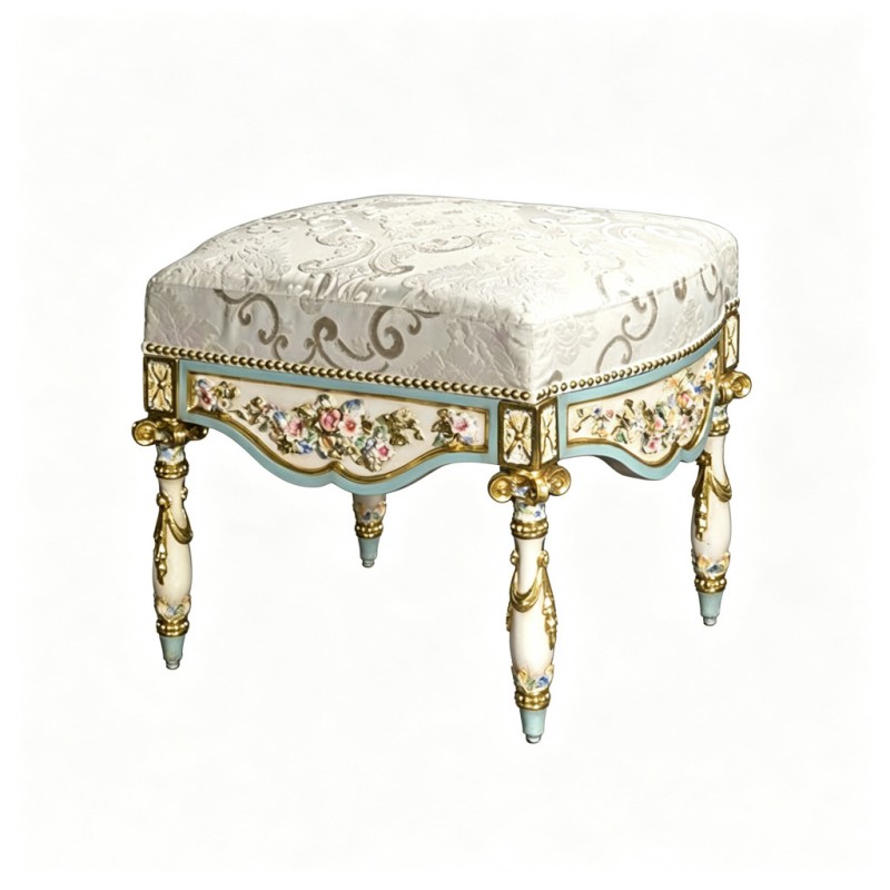 French Classical Square Upholstered Low Stool