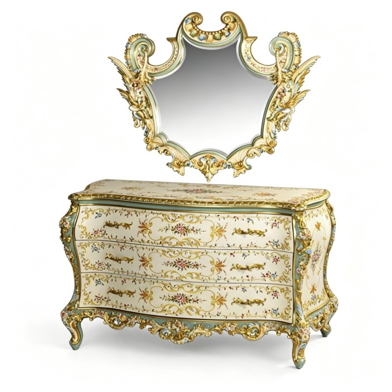 Rococo Curved Chest and Decorative Mirror Set