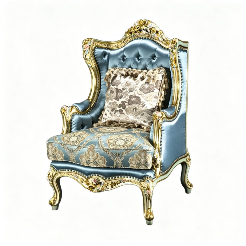 French Classical Lake-Blue Satin Gilded Carved Armchair