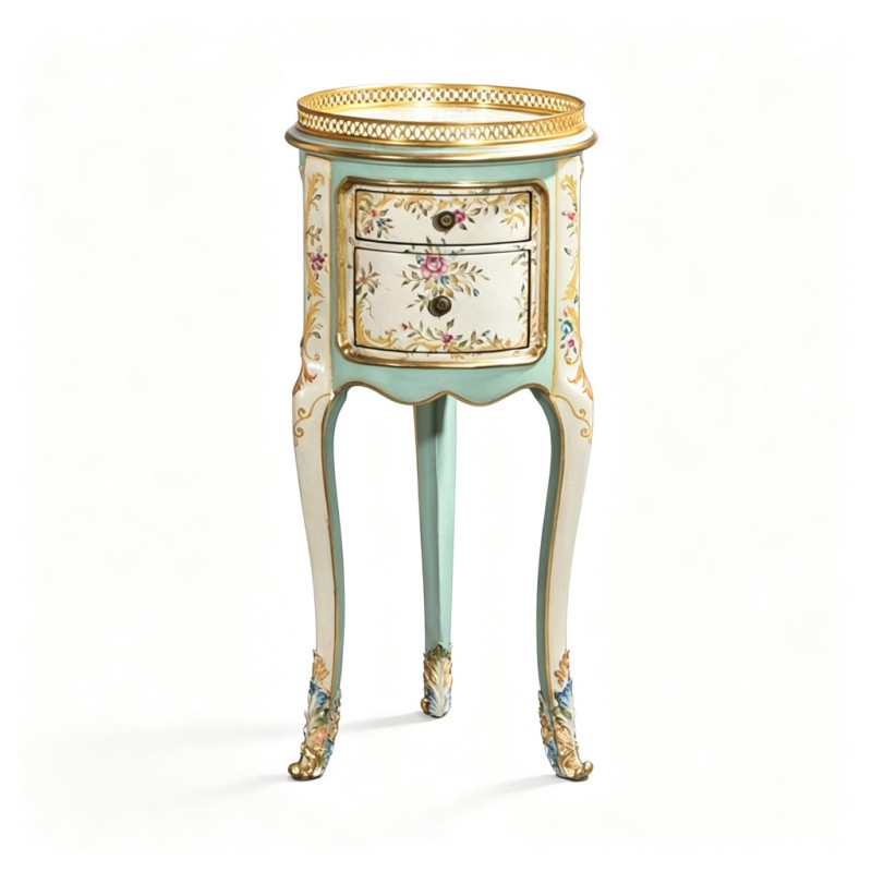 French Classical Light-Mint-Green Round Two-Tier Drawer Side Table