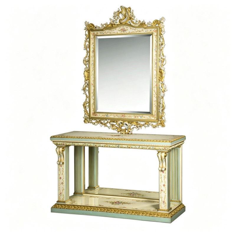 French Rococo Console Table and Decorative Mirror Set