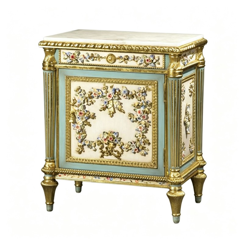 French Classical Light-Celadon Gilded Carved Nightstand