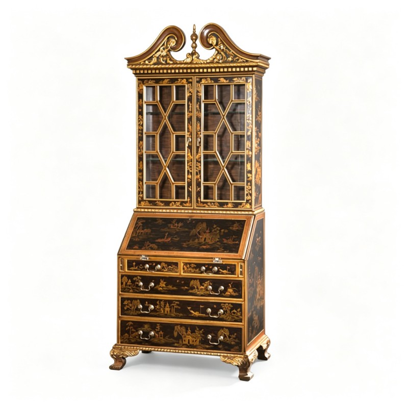 Antique French-Style Glass-Door Bookcase Writing Desk