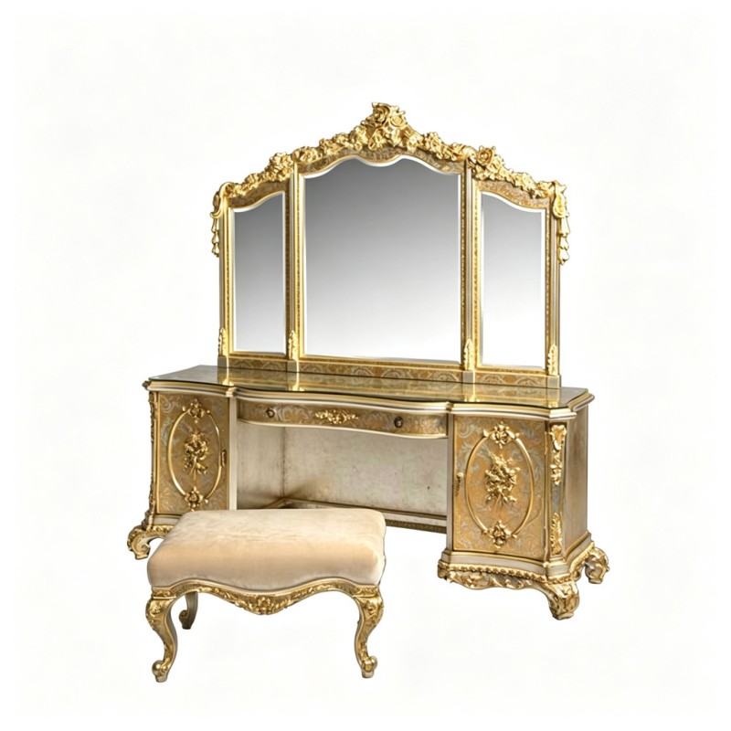 French Classical Gold-Carved Vanity Table and Stool Set