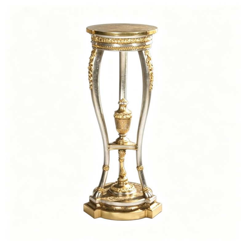 French Classical Silver-Gold Pedestal Plant Stand Side Table