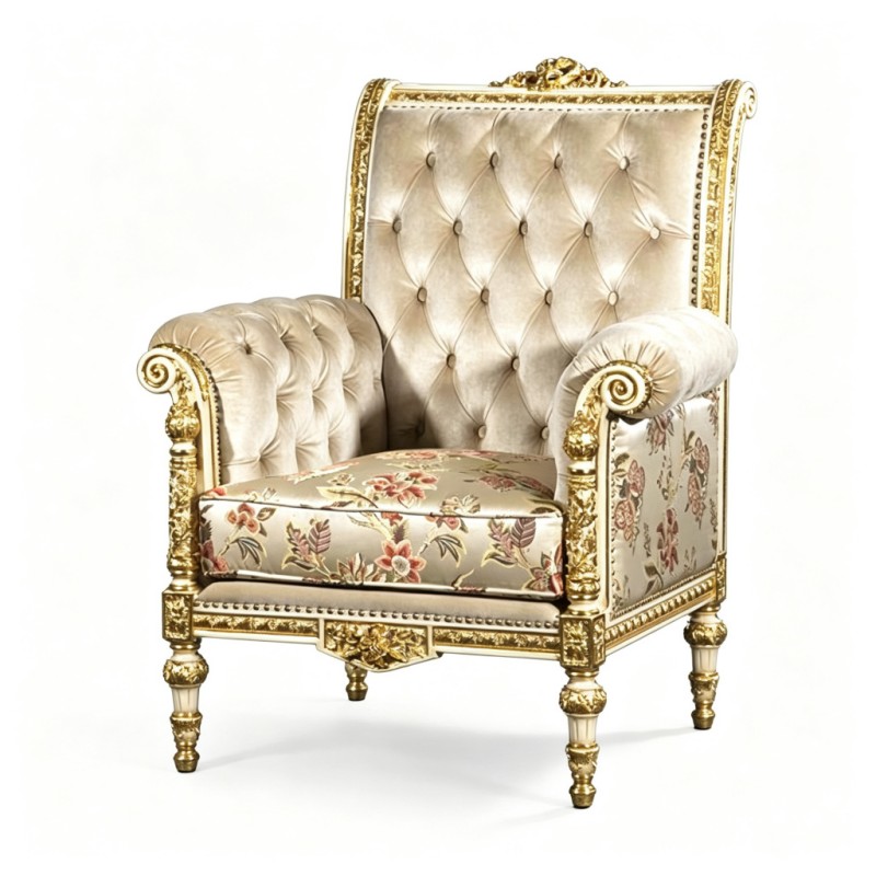 French Classical Gold-Carved Velvet Armchair