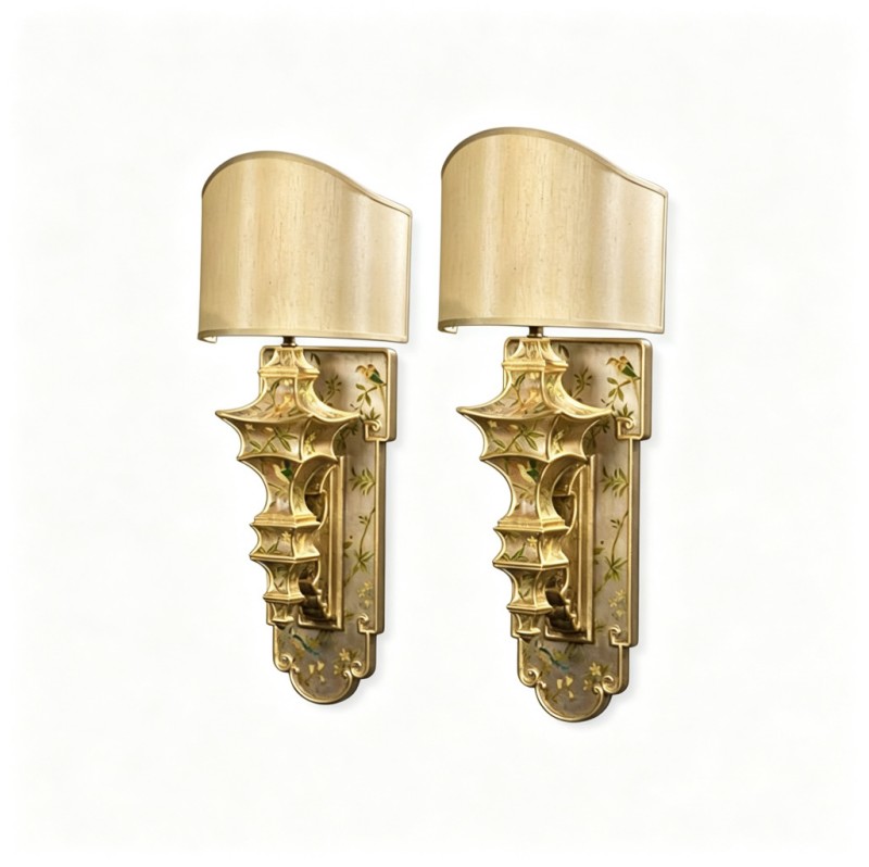Pair of French-Style Gilded Carved Bird-and-Flower Wall Sconces
