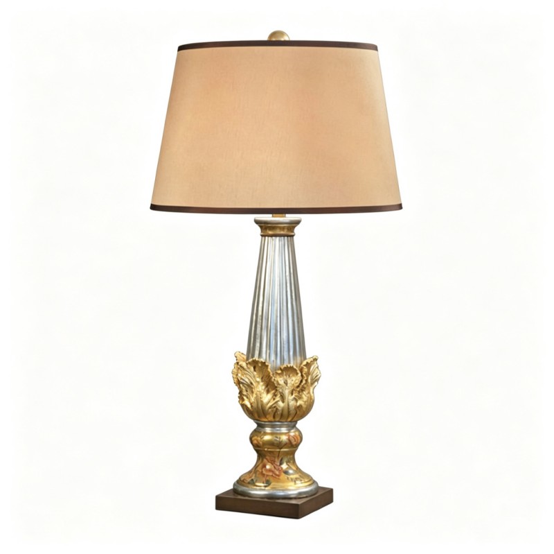 Vintage French-Style Silver-Gold Carved Pedestal Table Lamp