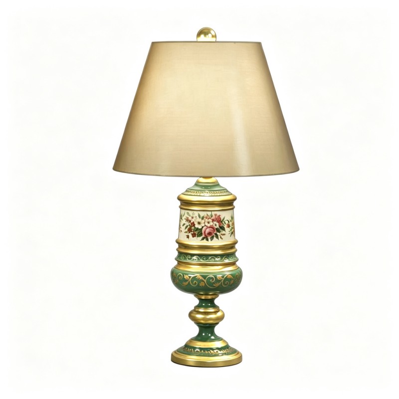 Vintage French-Style Deep-Green Gold-Pattern Rose Table Lamp