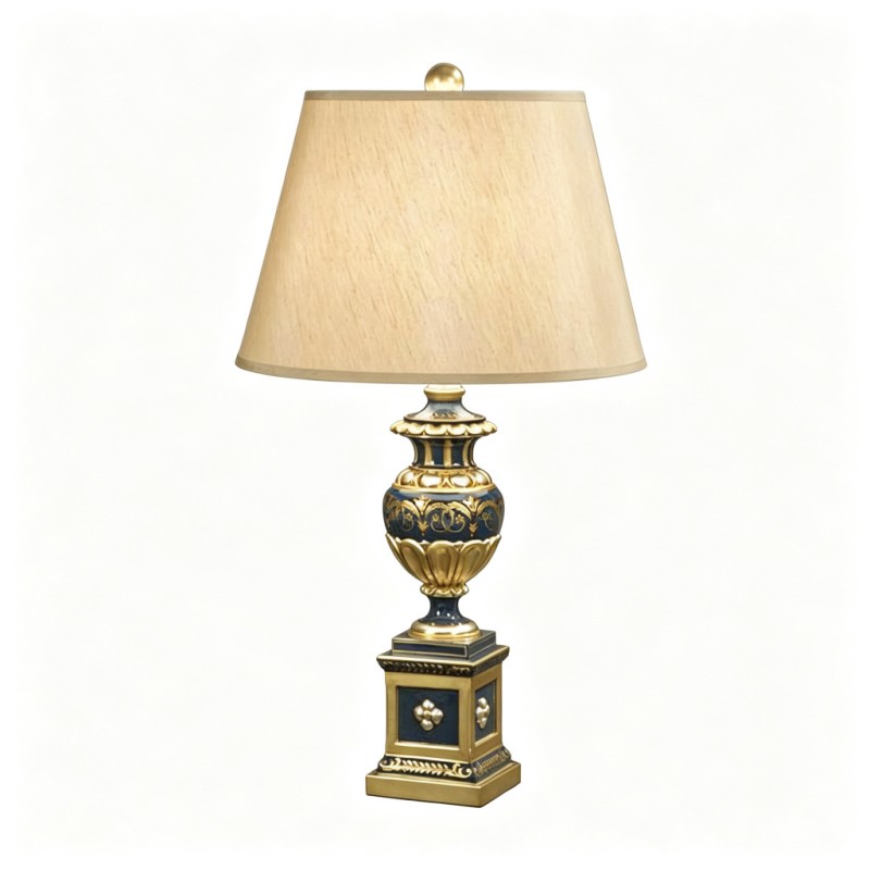 French-Style Blue-and-Gold Scrollwork Carved Table Lamp