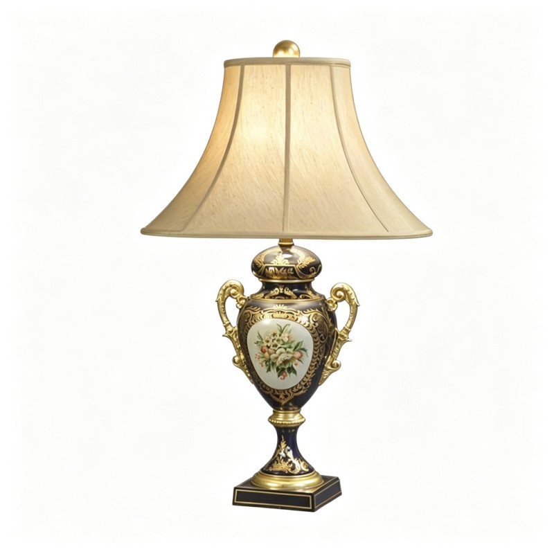 Classic French-Style Black-and-Gold Hand-Painted Floral Vase Table Lamp