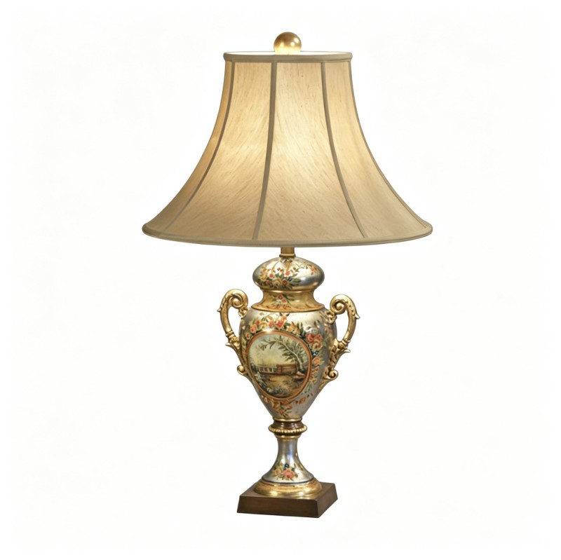 Vintage French-Style Hand-Painted Double-Ear Ceramic-Vase Table Lamp