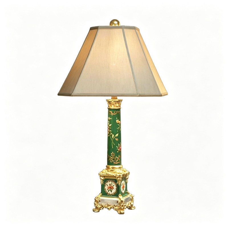 Vintage French-Style Deep-Green Floral-Vine Table Lamp