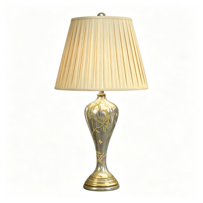 Vintage Silver-Grey Hand-Drawn Floral-Butterfly Ceramic Table Lamp