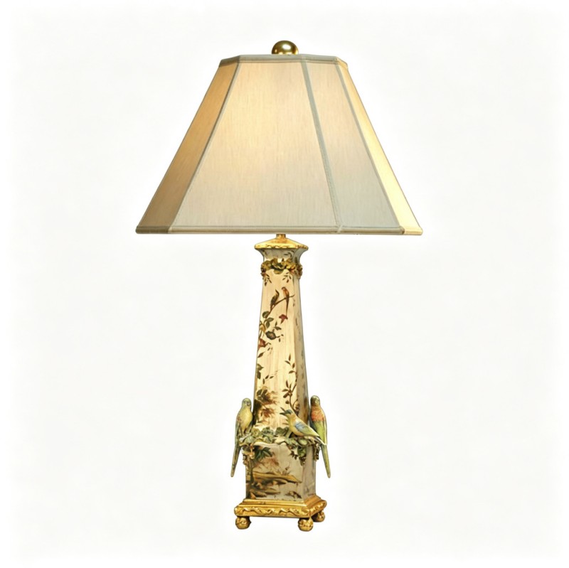 Vintage French-Style Parrot Bird-and-Flower Ceramic Table Lamp