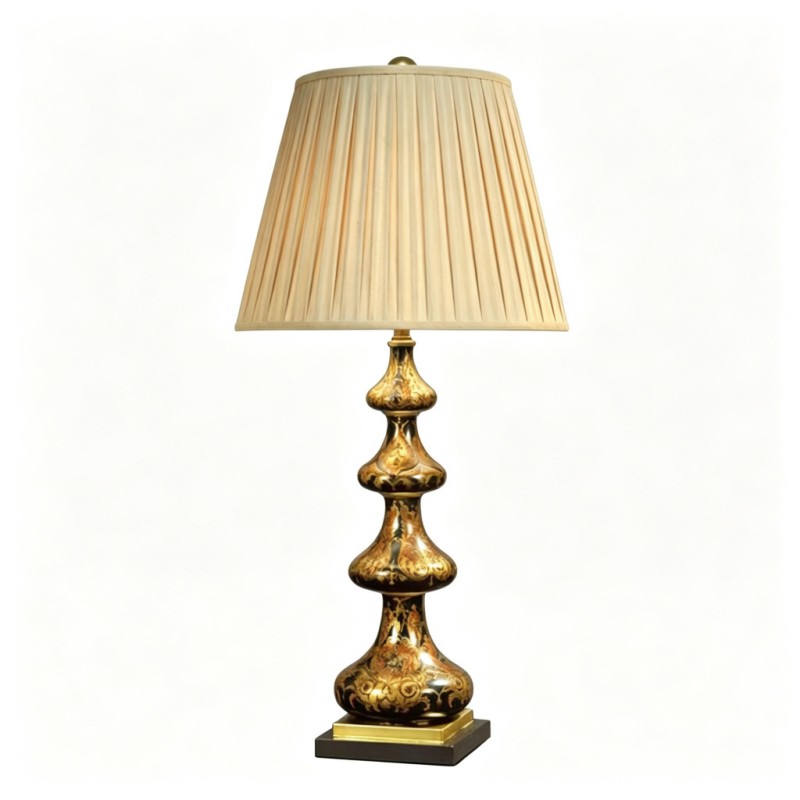 Classic French-Style Black-and-Gold Gourd-Pattern Ceramic Table Lamp