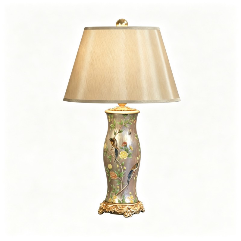 Chinese-Style Pearl-Luster Bird-and-Flower Ceramic Table Lamp
