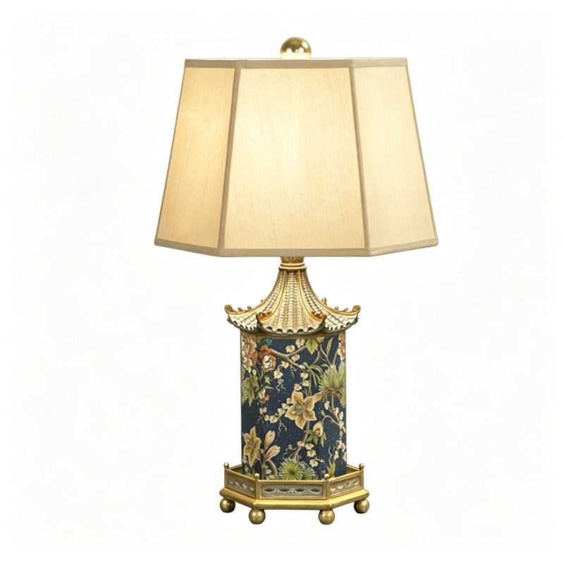 New Chinese-Style Deep-Blue Floral Pavilion Metal Table Lamp