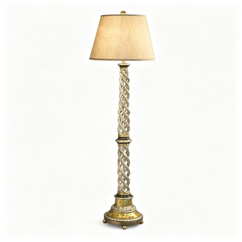 Vintage Gold-and-Silver Twisted Openwork Carved Floor Lamp