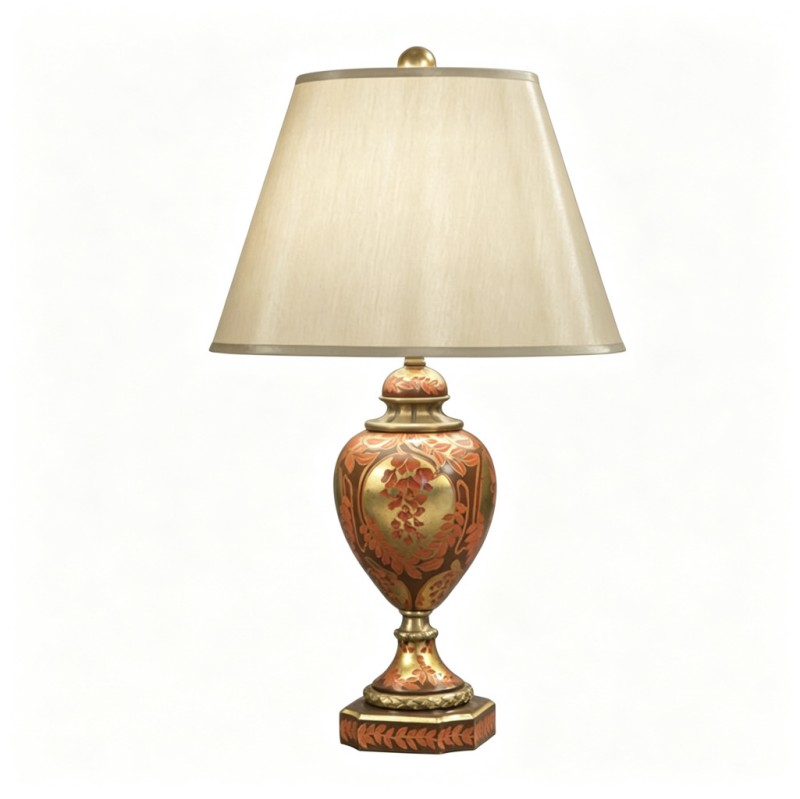 Vintage Red-Brown Gold-Flower Ceramic Table Lamp