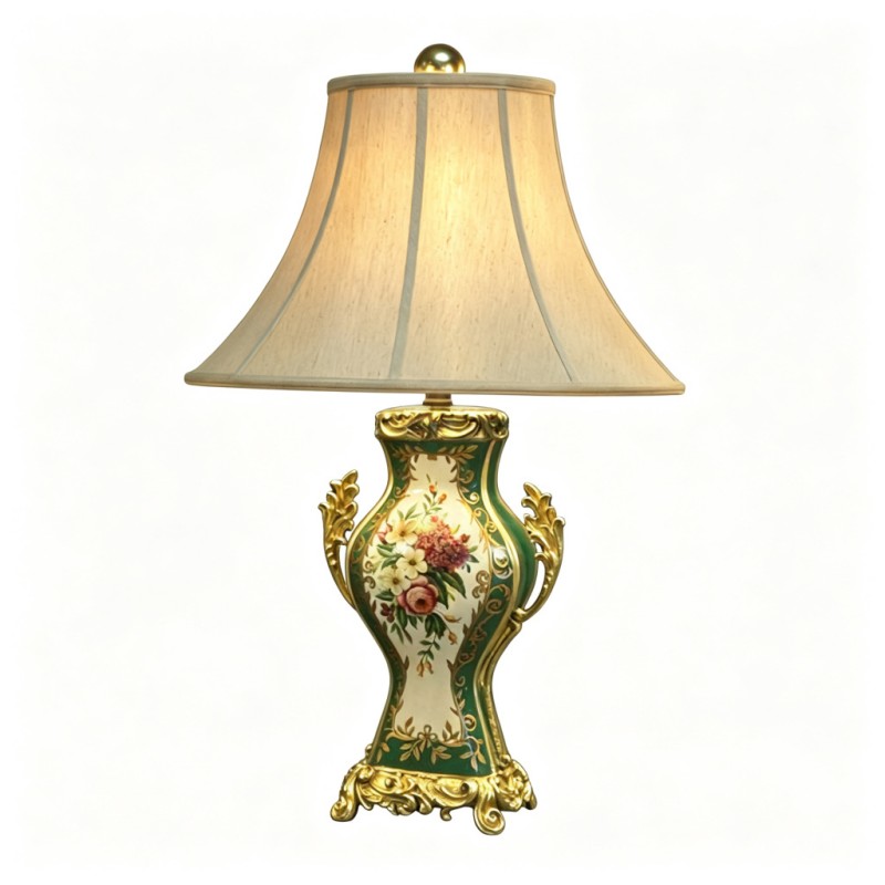 Vintage French-Style Cream Bird-and-Flower Double-Ear Ceramic-Vase Table Lamp