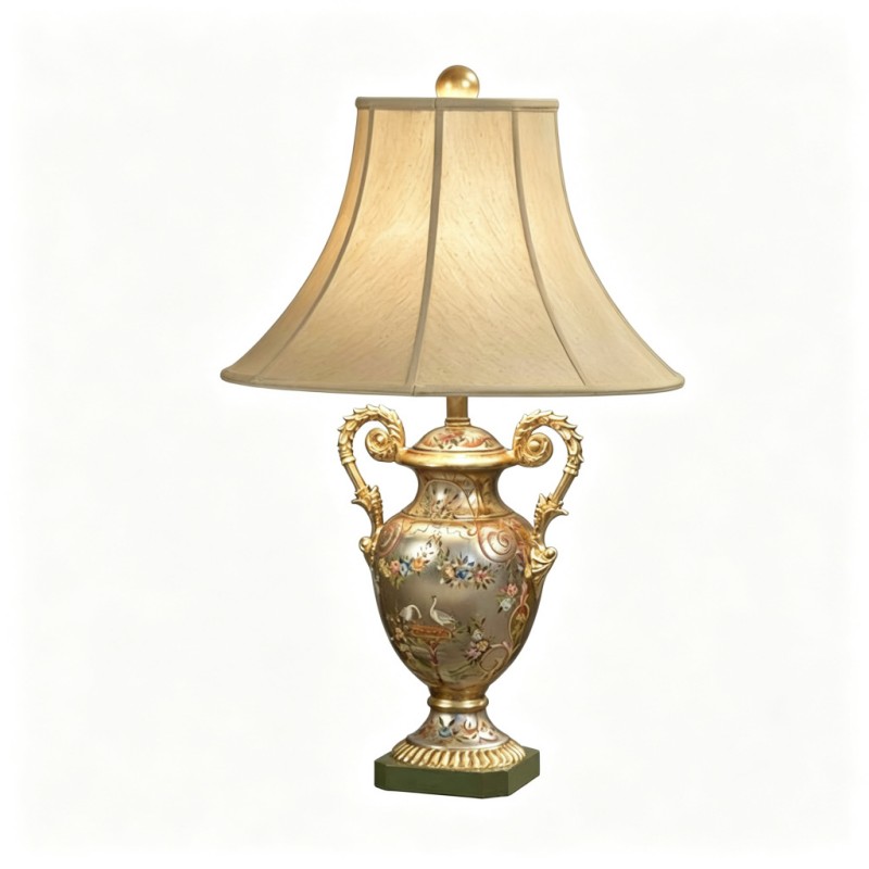 Classic French-Style Double-Ear Bird-and-Flower Hand-Painted Table Lamp