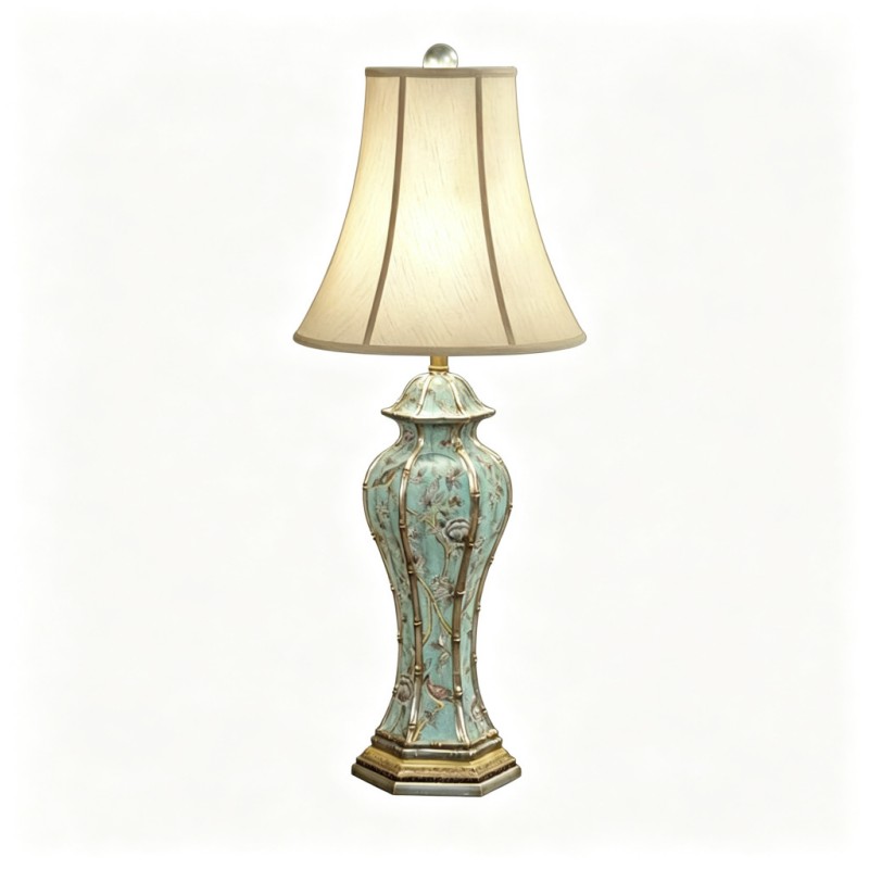 Vintage French-Style Celadon Hand-Painted Hexagonal Table Lamp