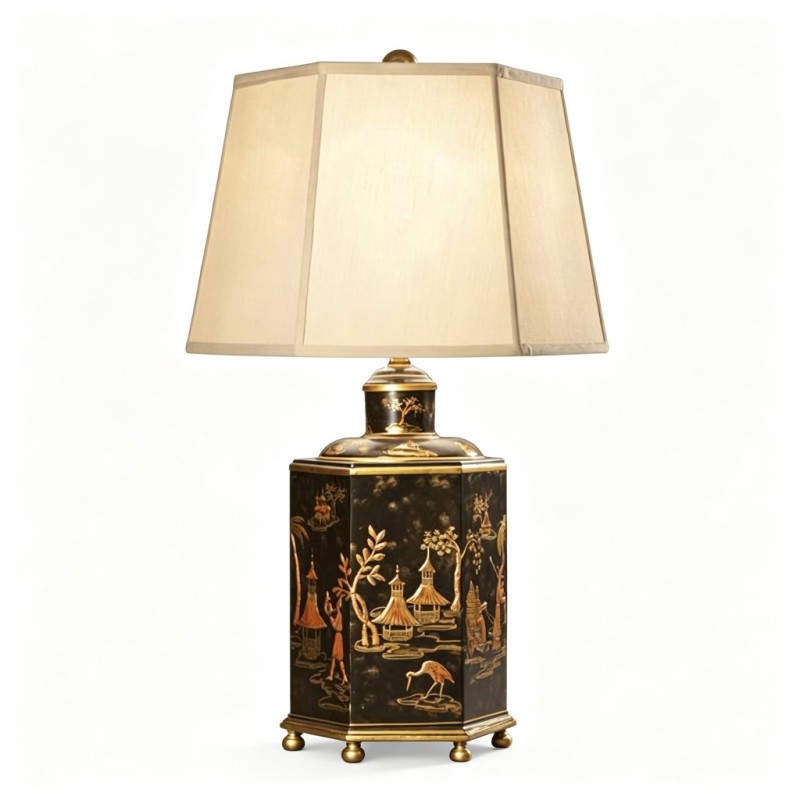 Chinese-Style Black-Base Gilt Figure-Scenery Table Lamp