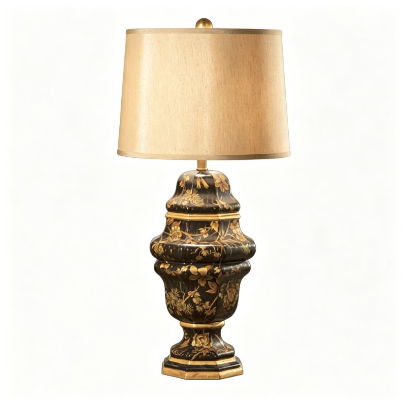 Chinese-Style Black-Base Gilt Floral Vase Table Lamp