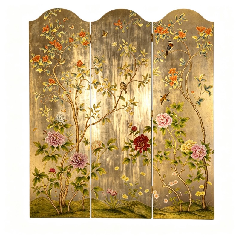 Chinese Gilt Peony Bird-and-Flower Three-Fold Screen