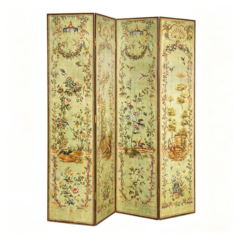 French Rococo Bird-and-Flower Four-Fold Screen