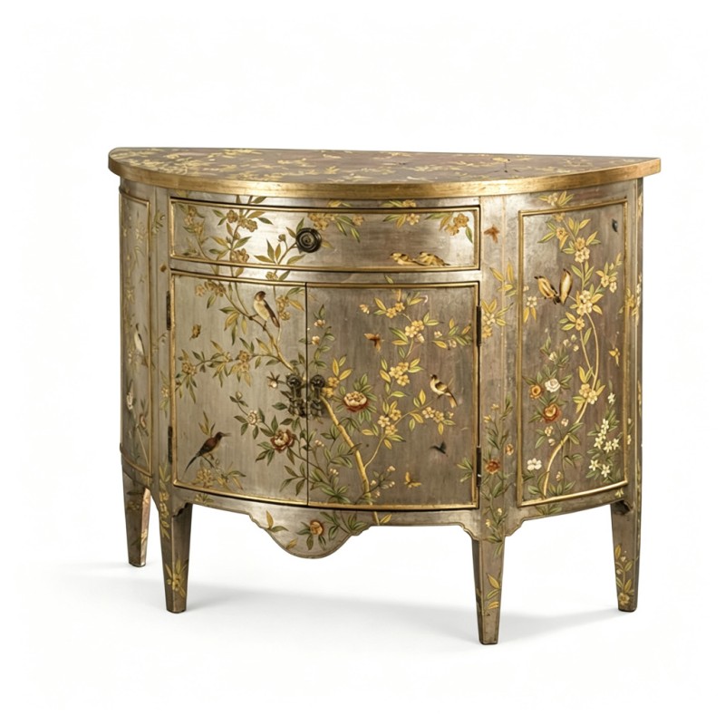 Classical Demilune Bird-Flower Hand-Painted Display Cabinet