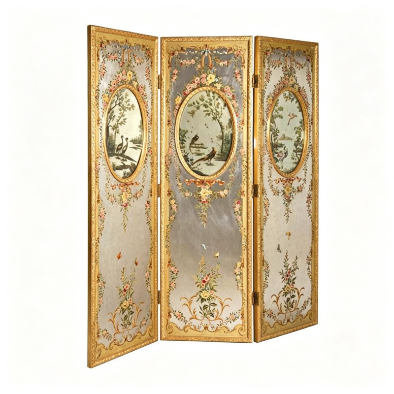 French Gold Carved Hand-Painted Three-Fold Screen