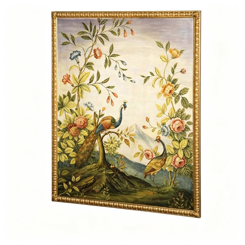 Gold-Framed Peacock Bird-and-Flower Oil-Painting Wall Art