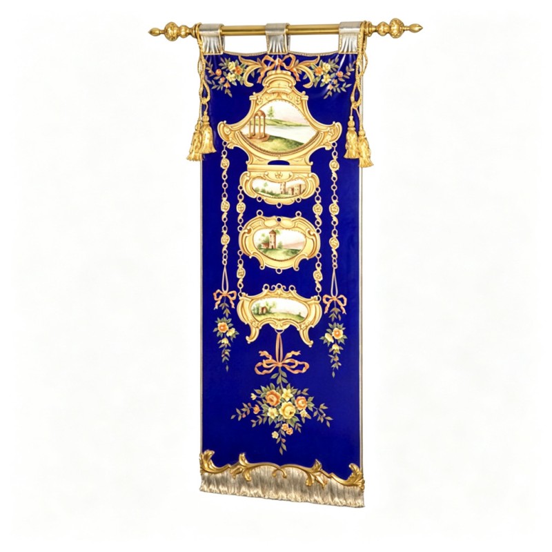 Deep-Blue-Velvet Gold-Decorated Pastoral-Landscape Wall Ornament