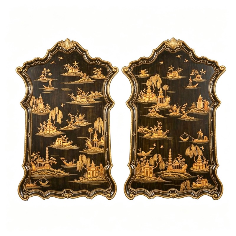 Pair of Black-Base Gilded Chinese Landscape Wall Screens