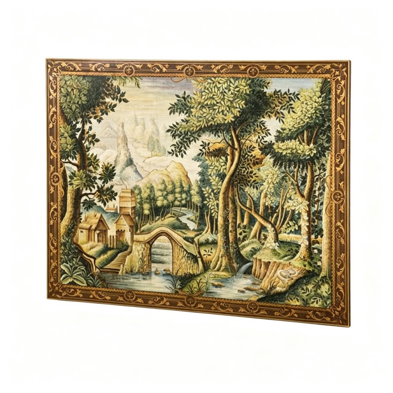 Carved Wood-Framed Pastoral Stone-Bridge Tapestry