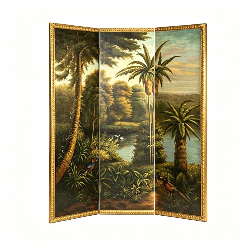 Gold-Framed Tropical-Jungle Landscape Three-Fold Screen