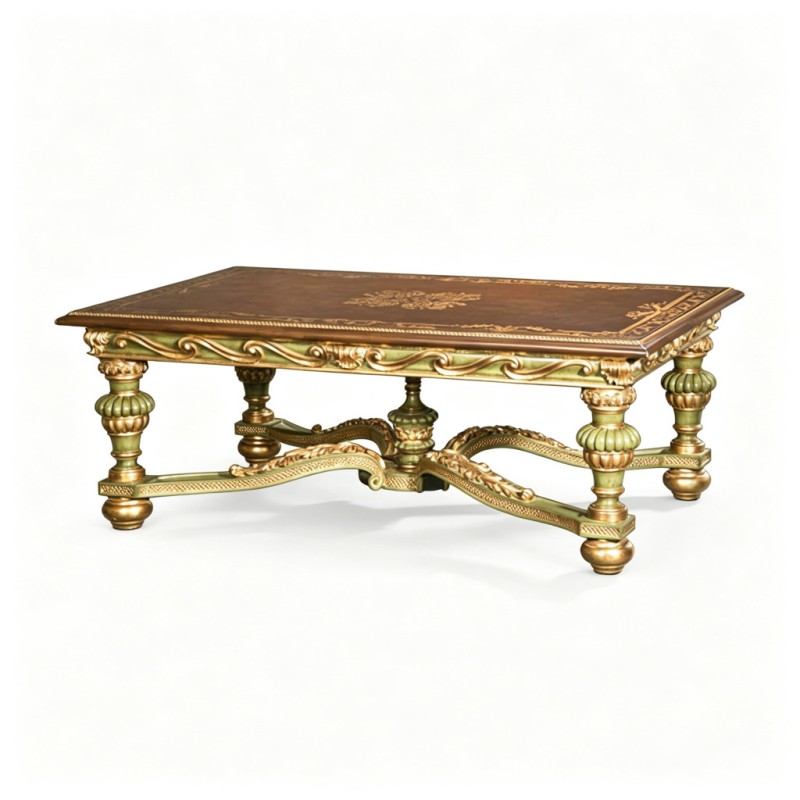 Classic French-Style Green-Gold Carved Coffee Table