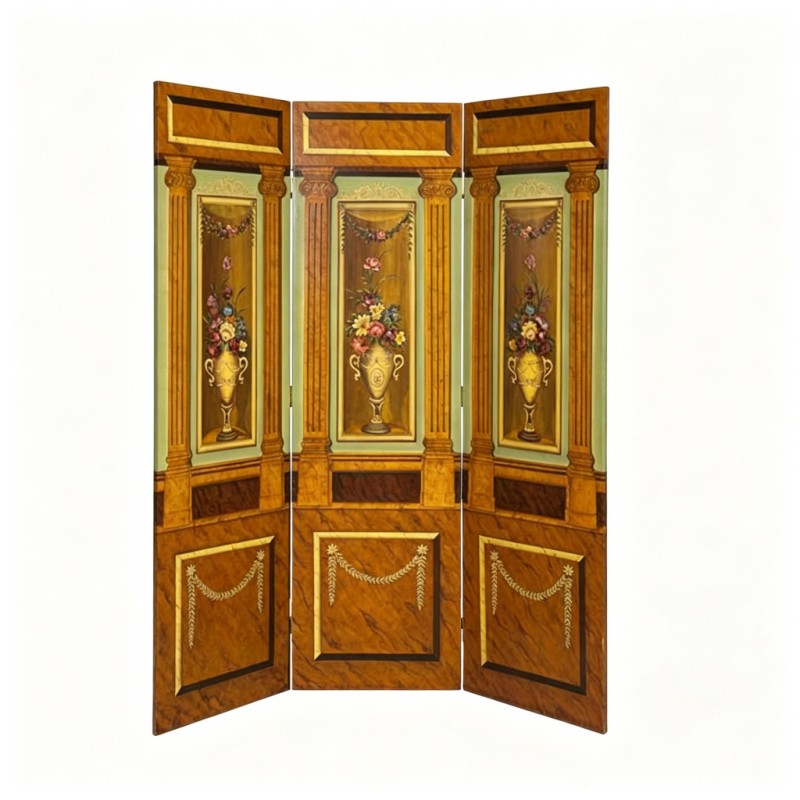 Imitation-Rosewood Hand-Painted Vase-and-Garland Three-Fold Screen