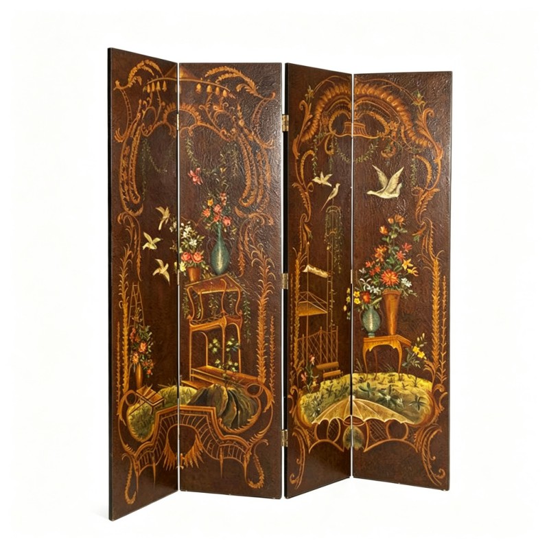 Dark-Brown Gilt Bird-and-Flower Four-Fold Screen