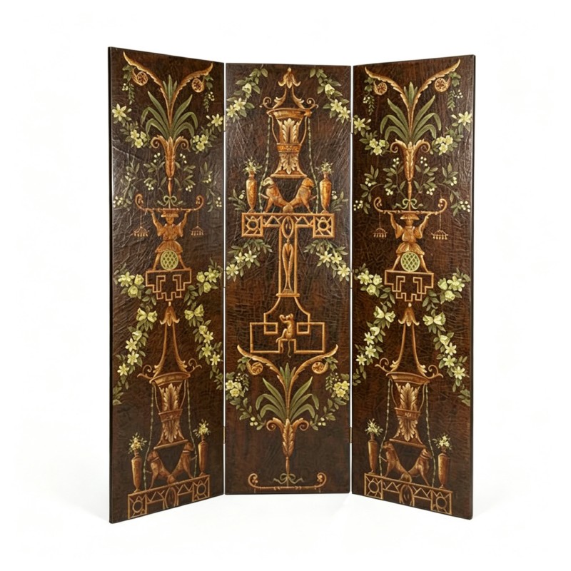 Dark-Brown-Lacquered Classical-Pattern Three-Fold Screen