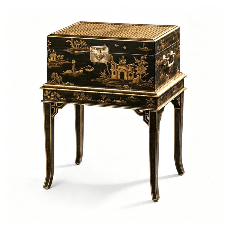 Chinese Gilt Garden Scene Lacquer Cabinet