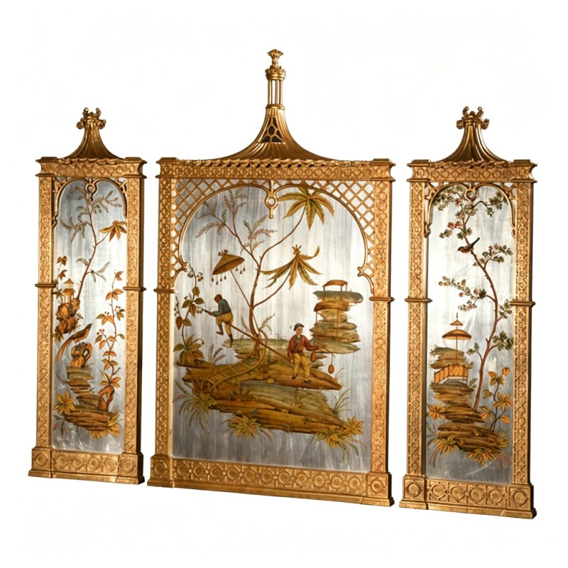 Gilded Carved Chinese-Garden Three-Fold Screen