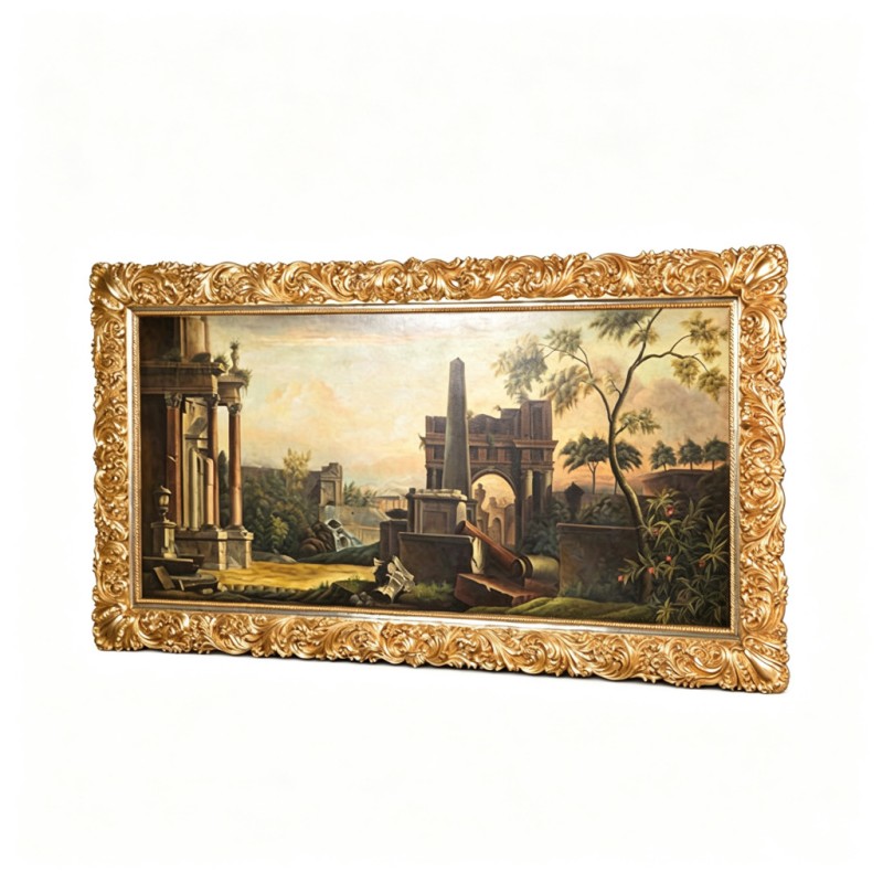 Gold-Framed Roman-Ruins Landscape Oil Painting